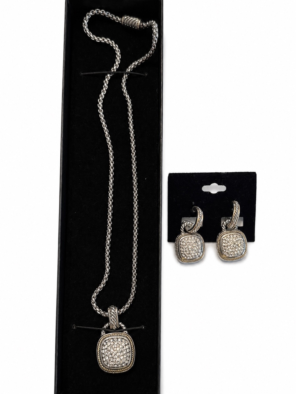 Silver-Tone Pave Cushion Pendant Necklace & Earrings Set